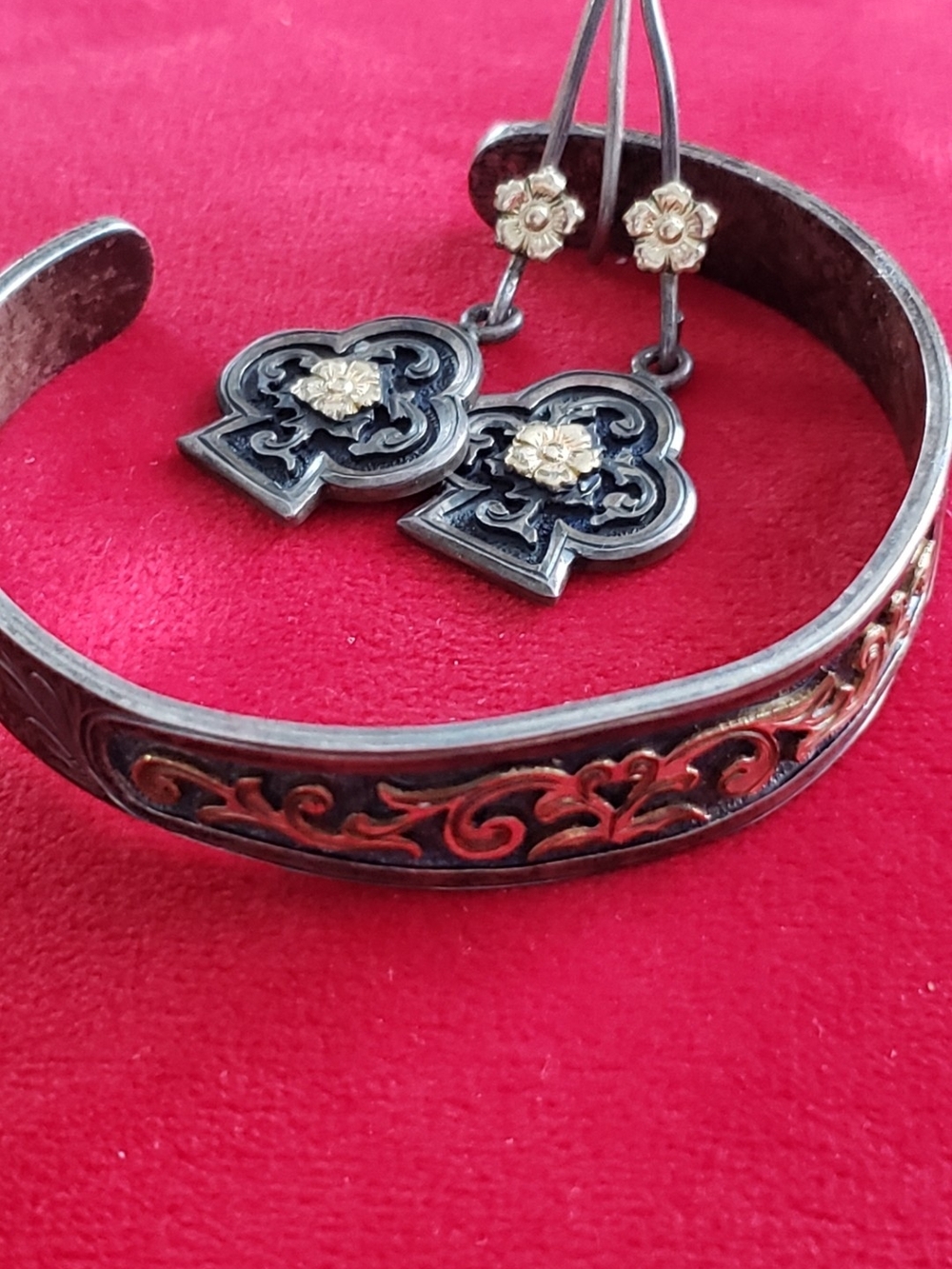 Vintage Sterling Silver 14k Gold Filigree Cuff Bracelet Earring Set